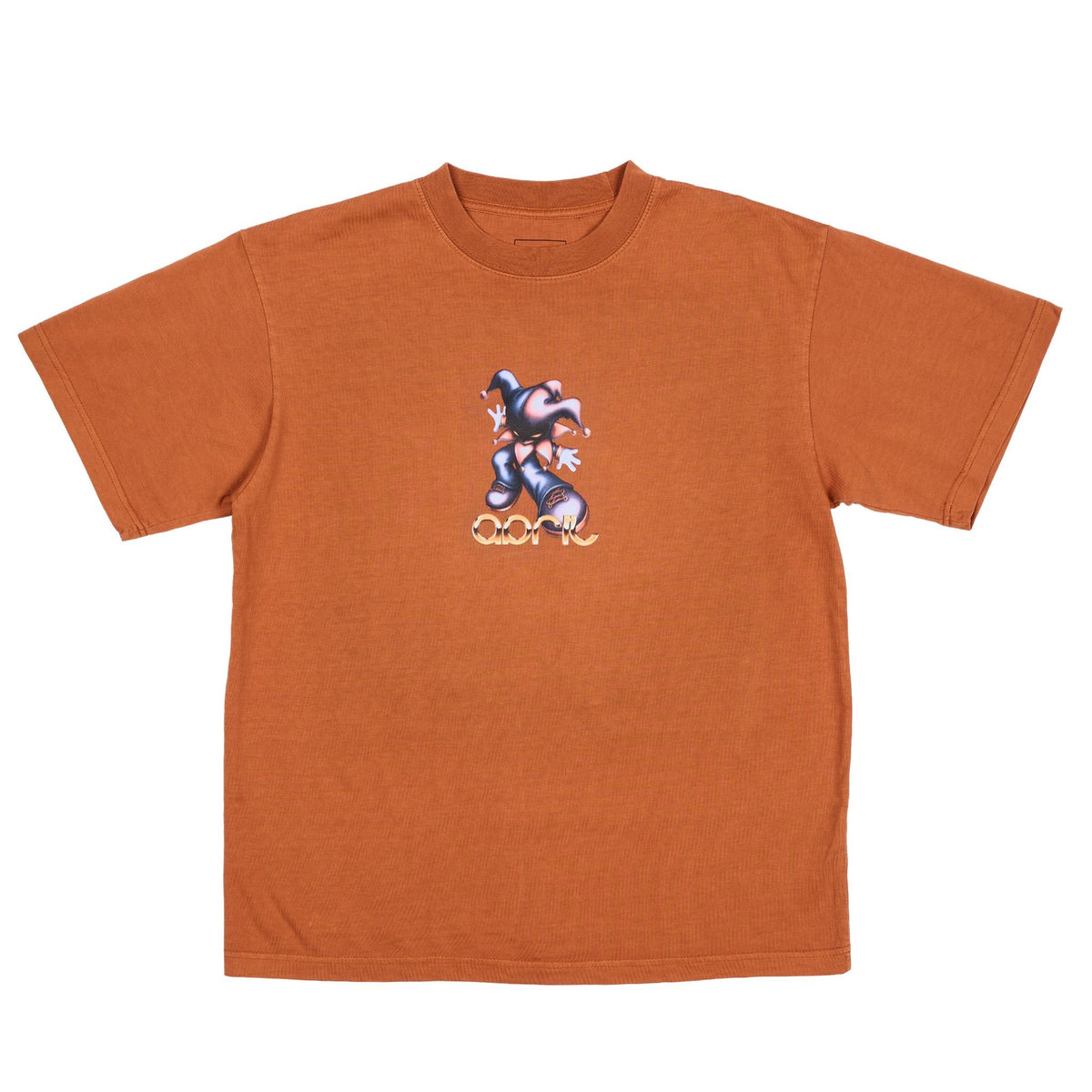 An orange short-sleeve April skateboards t-shirt featuring a small graphic of a retro video game  jester character on the center chest.