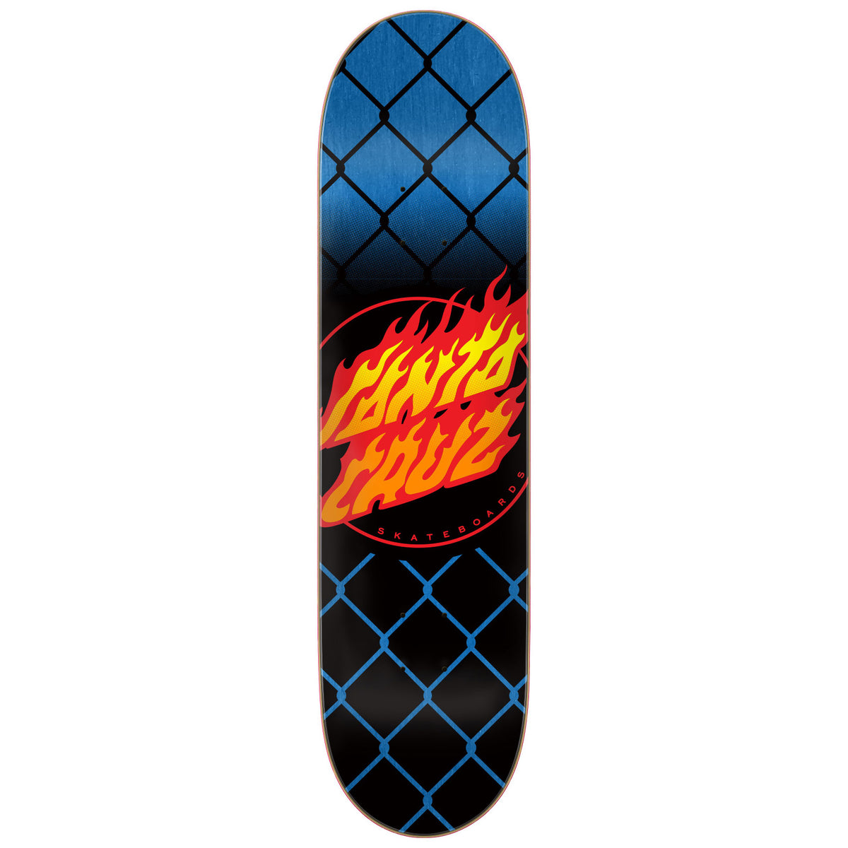 santa cruz flame dot skateboard deck with a blue and black chain link fence graphic