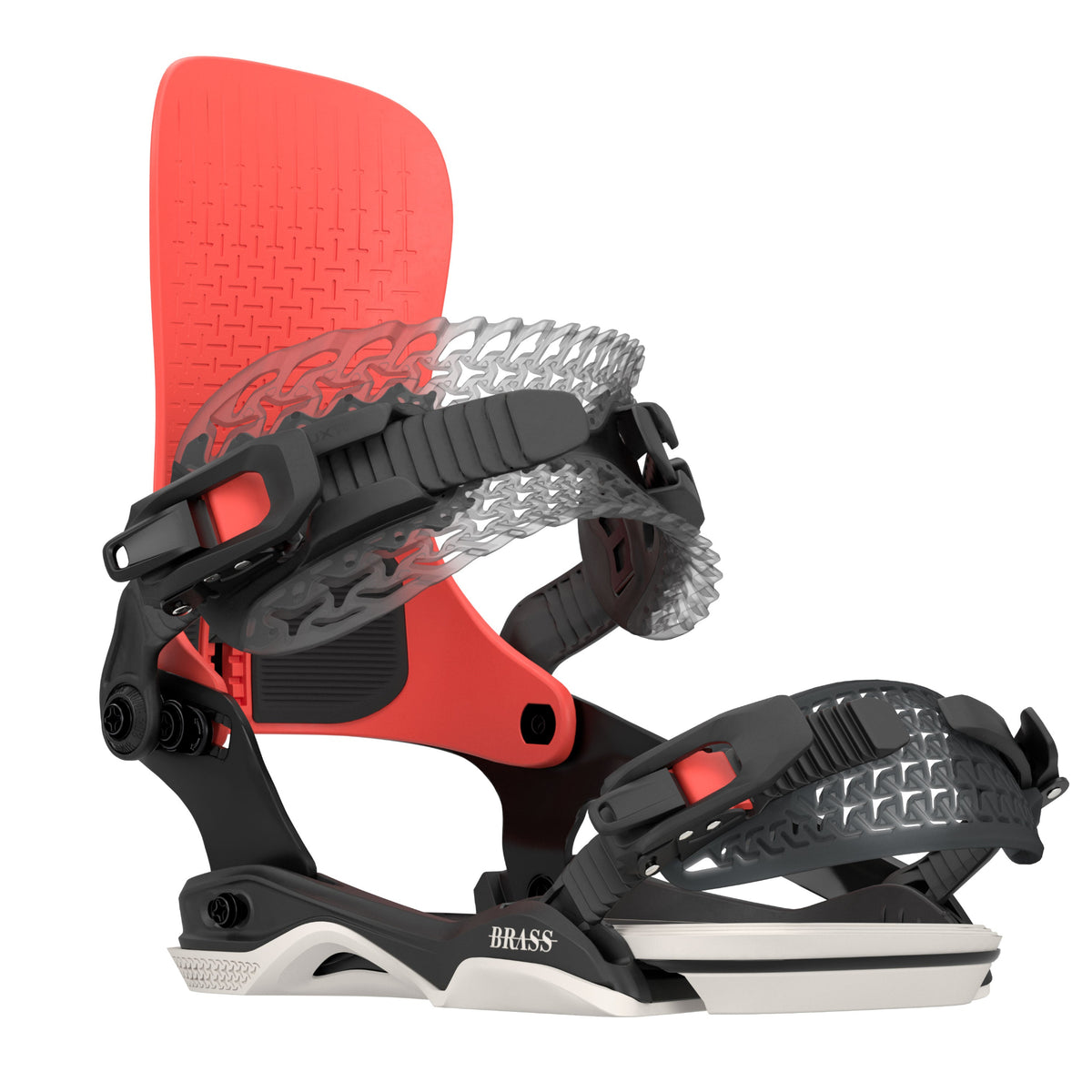 A single rome snowboard binding shown in profile on a plain white background. The binding features a bright coral-red highback, black and gray base and straps, with the model name BRASS visible near the front.