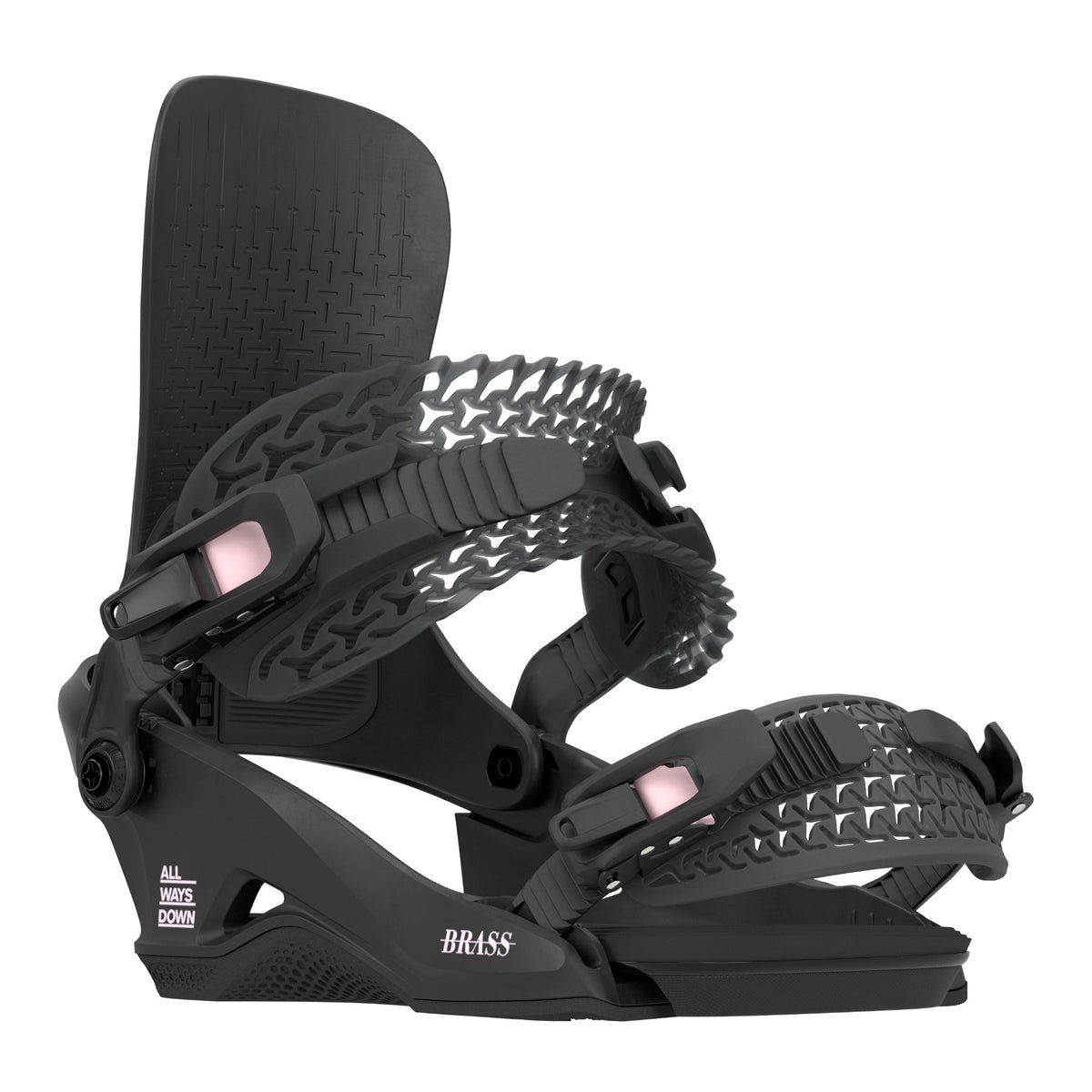 A rome brass snowboard binding front view against a solid white background. The binding is primarily black with textured gray straps and small pink accent details on the buckles.