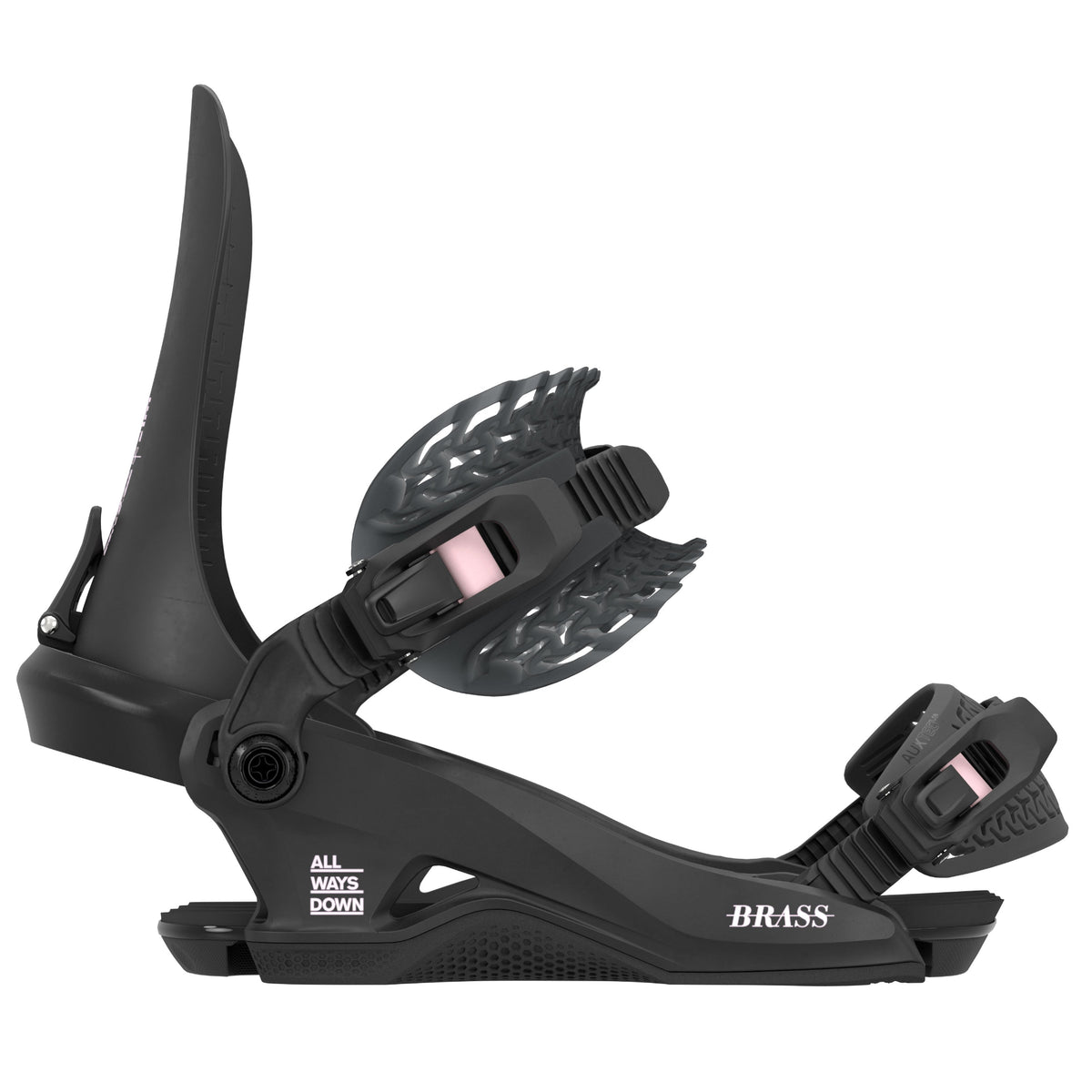 A black 2027 Rome snowboard binding shown in side profile on a plain white background, with visible BRASS branding and small pink accent details on the buckle area.