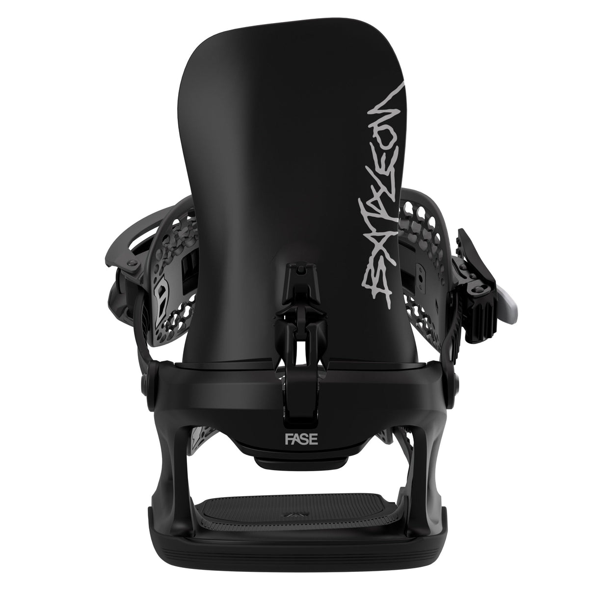 2027 Bataleon Ghost FASE snowboard binding shown from a back view on a clean white background. The binding features a matte black highback and base, black straps, and buckles.