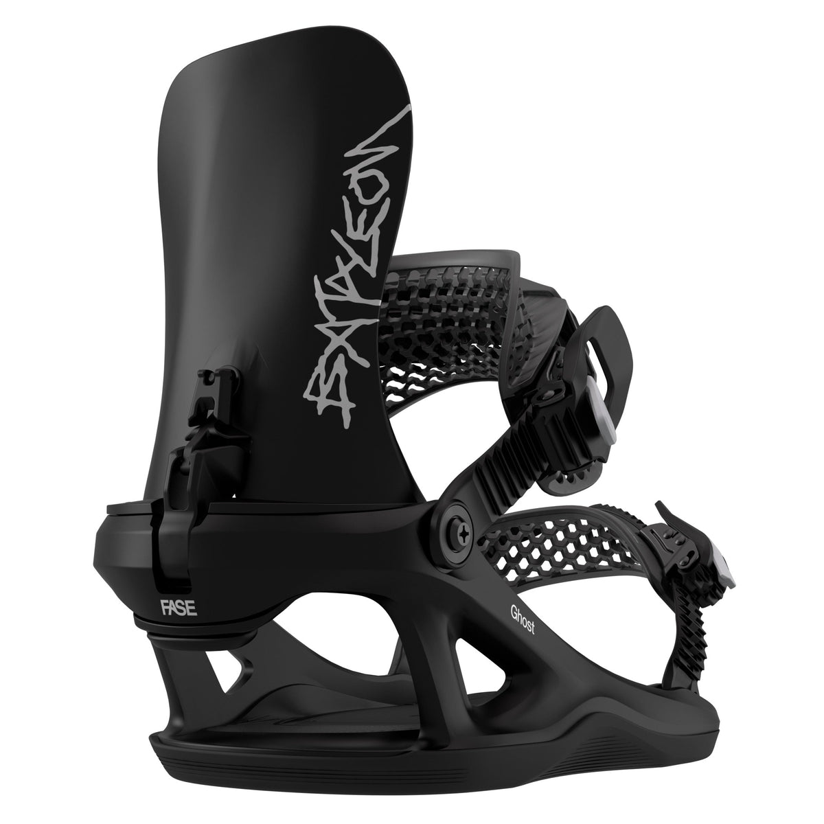 2027 Bataleon Ghost FASE snowboard binding shown from a side profile view on a clean white background. The binding features a black highback and base, black straps, and buckles.