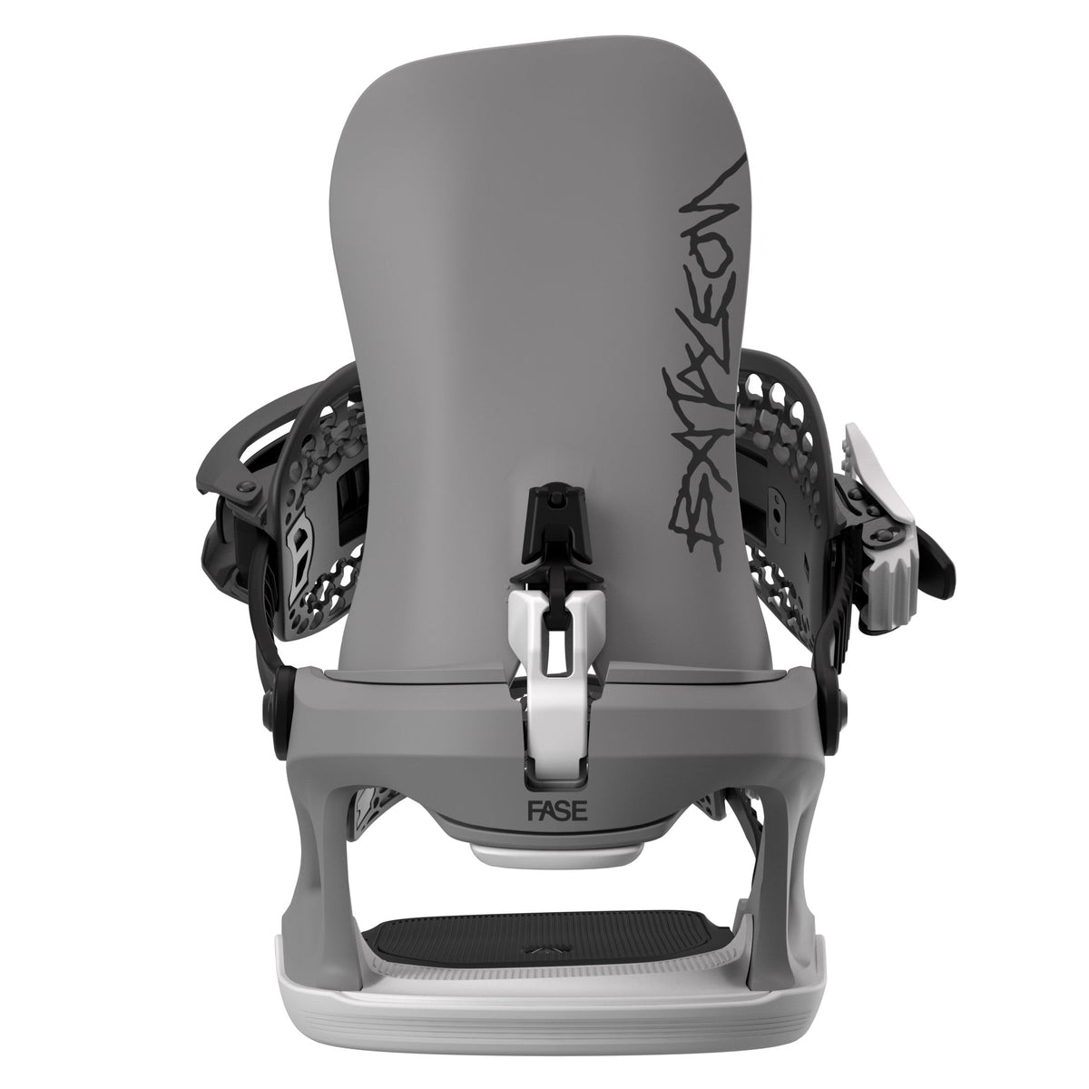 2027 Bataleon Ghost FASE snowboard binding shown from a back view on a clean white background. The binding features a matte dark gray highback and base, black straps, and white buckles.