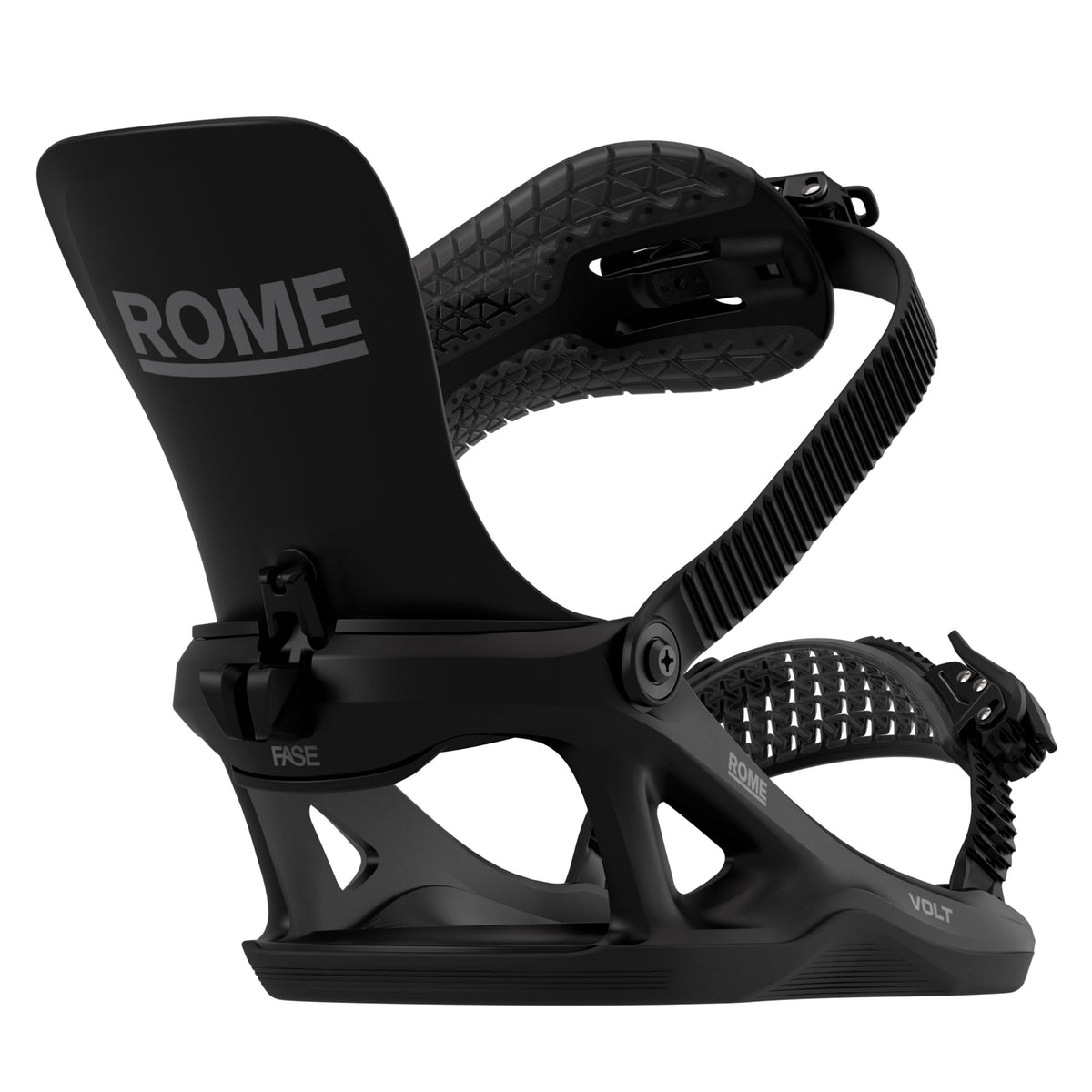 Black Volt Fase fast entry snowboard binding in the open position with the brand name 'ROME' printed in gray on the highback.