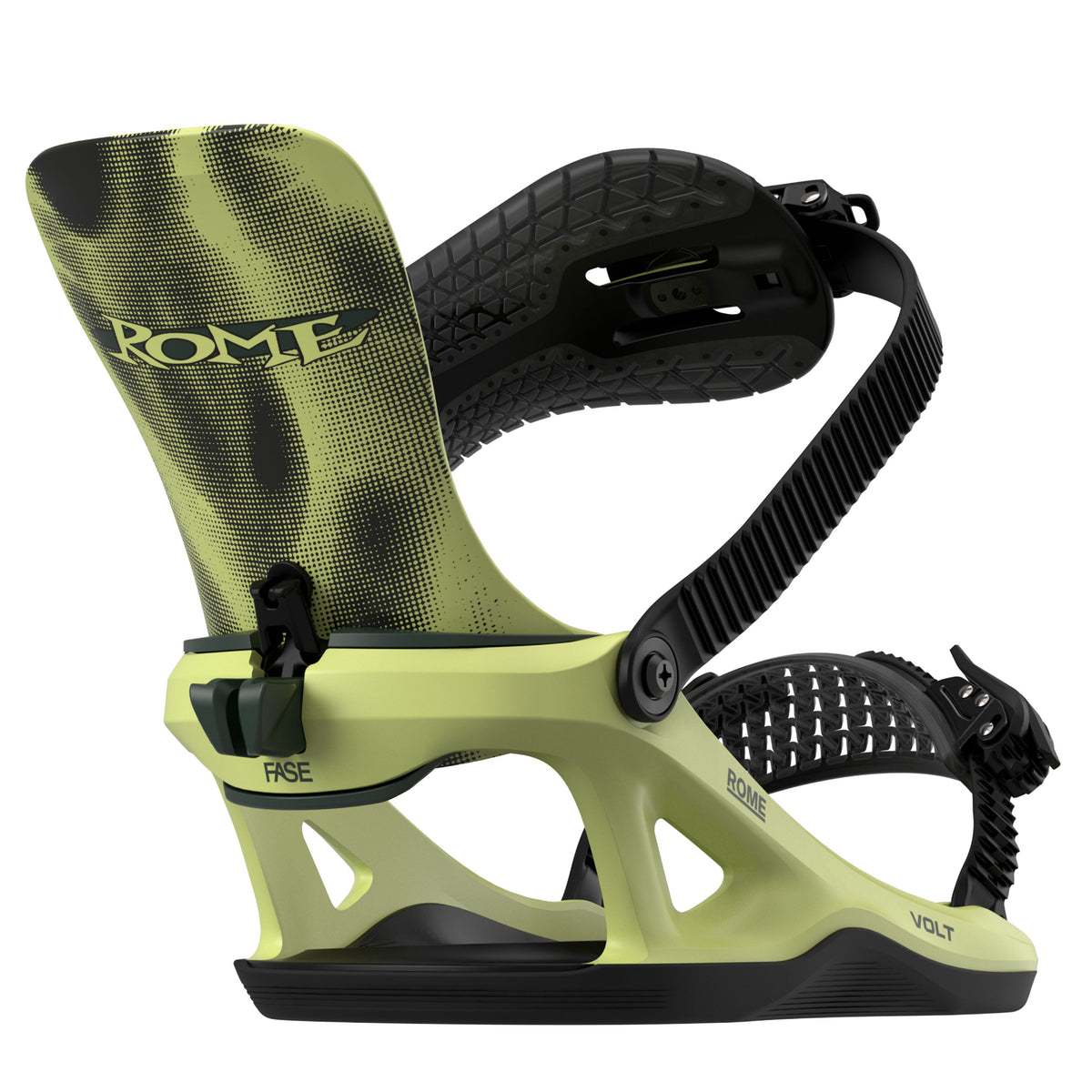 Acid greenVolt Fase fast entry snowboard binding in the open position with the brand name 'ROME' printed  on the highback.