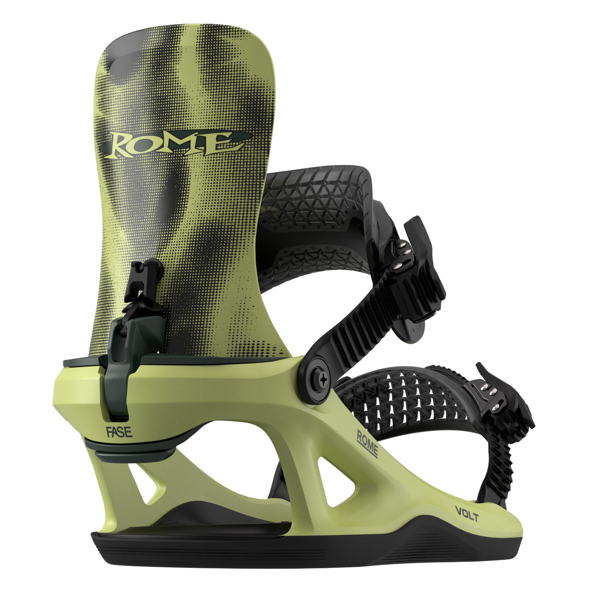 Acid Volt Fase snowboard binding shown from the side against a plain white background, with the brand name 'ROME' printed on thebright green highback.