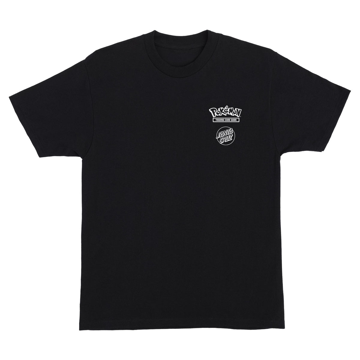 Black t-shirt with a white Santa Cruz X Pokémon TCG logo on a white background