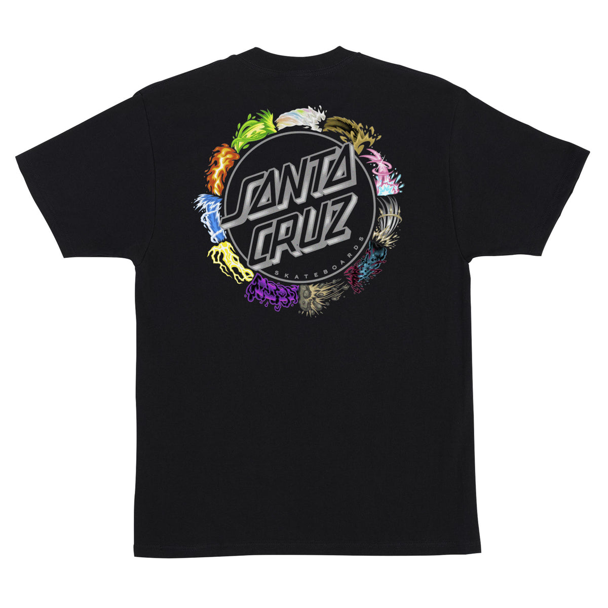 Black t-shirt with colorful graphics and Santa Cruz X Pokémon TCG logo on a white background