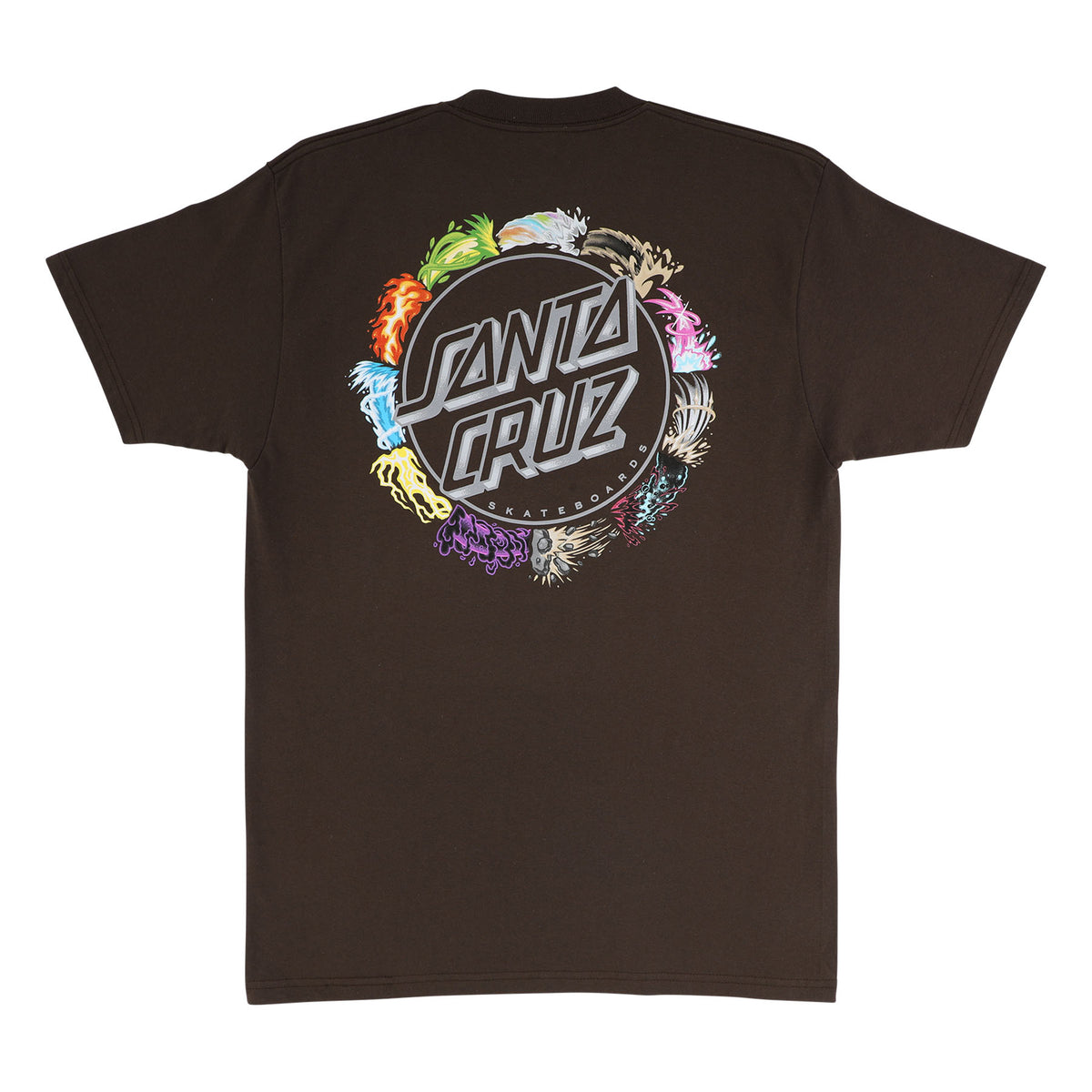 Black t-shirt with colorful Santa Cruz X Pokémon TCG design on a white background