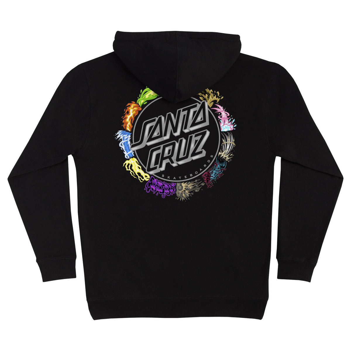Black hoodie with colorfulSanta Cruz x Pokémon TCG desing on the back