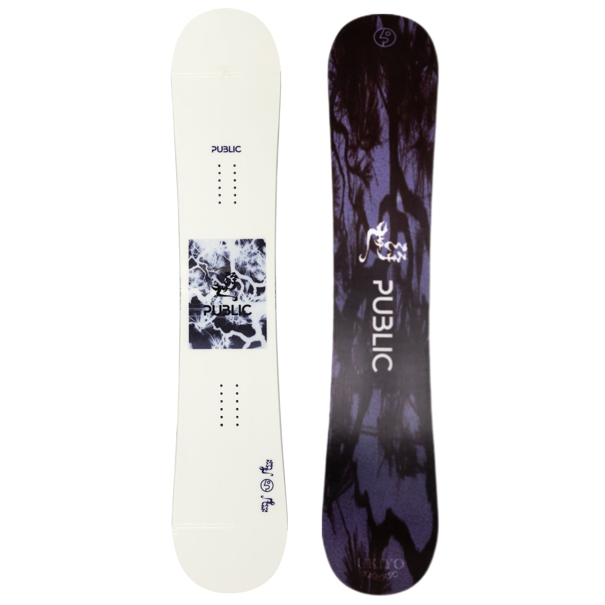 2026 Public X Ukiyo General 153 Snowboard with white top and black and purple Base