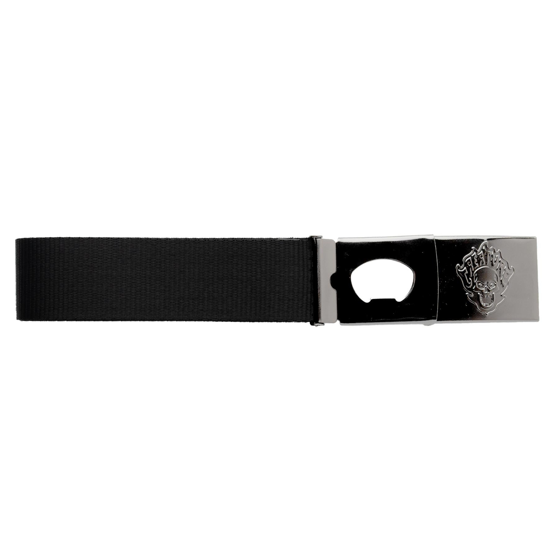 black and silver Creature skatebaords belt with bottle opener