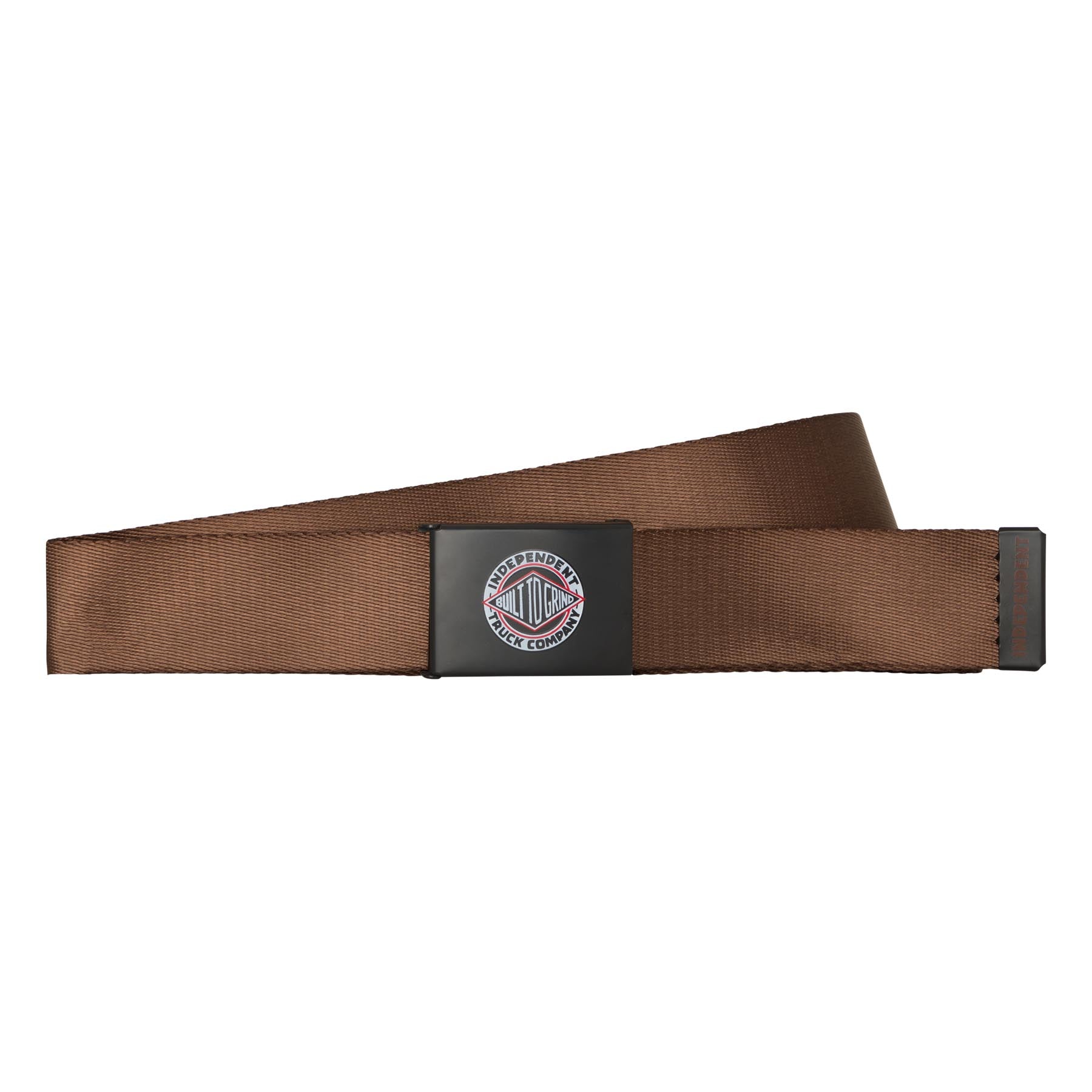 Brown Independent skateboard web belt with black buckle and logo