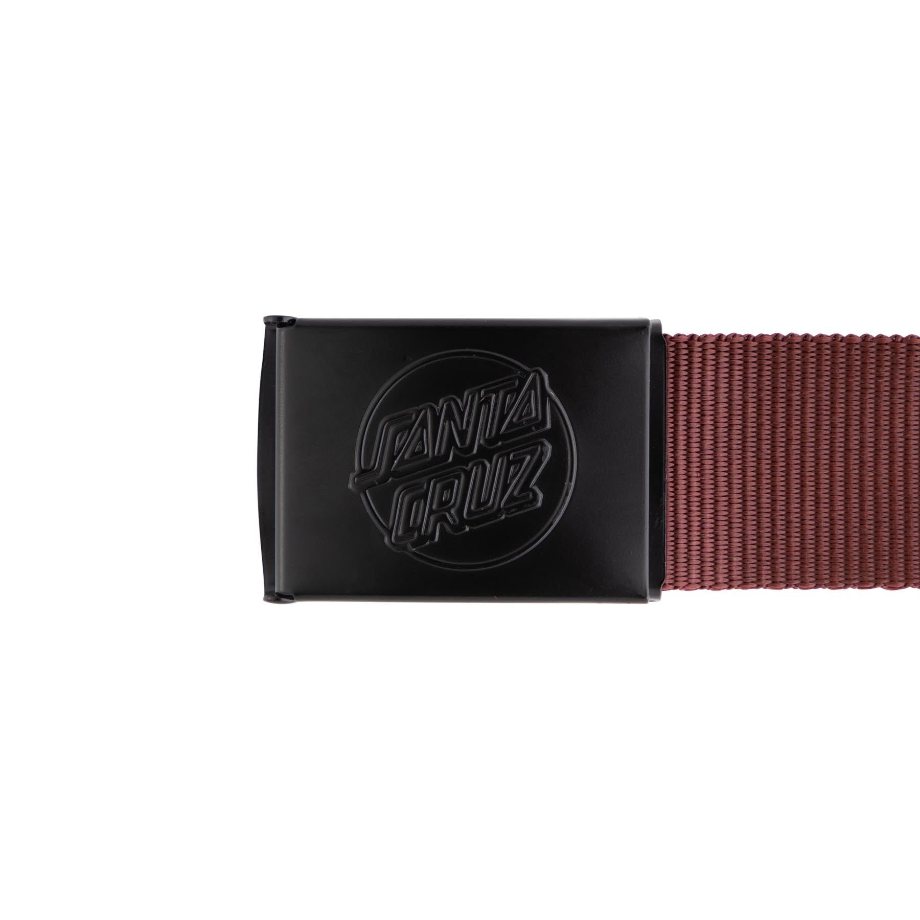 black Santa Cruz buckle with maroon  web belt
