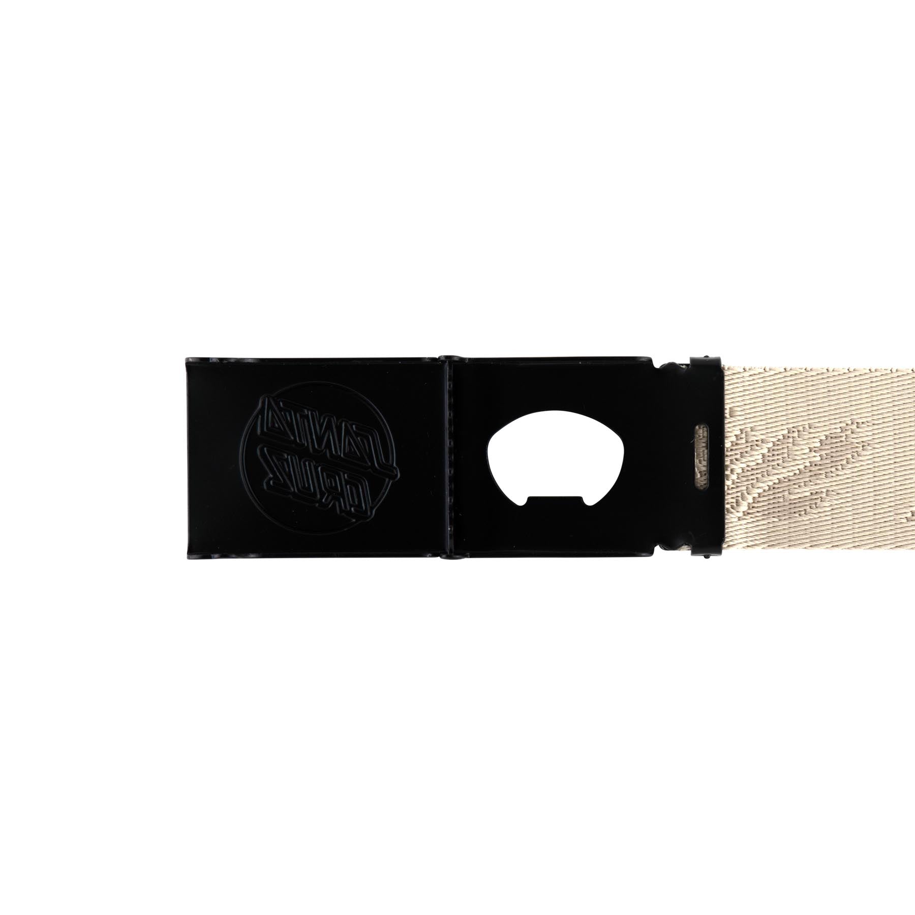 Black Santa Cruz buckle with a bottle opener and beige belt