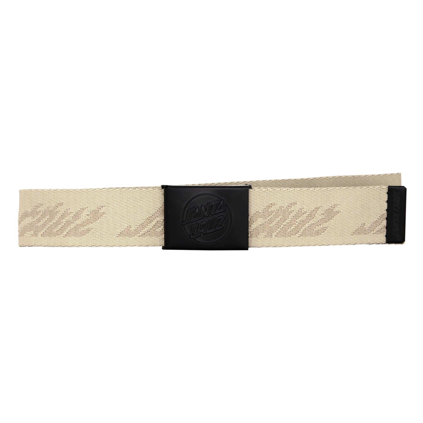 Beige Santa Cruz web belt with tonal writing and a black lgo buckle