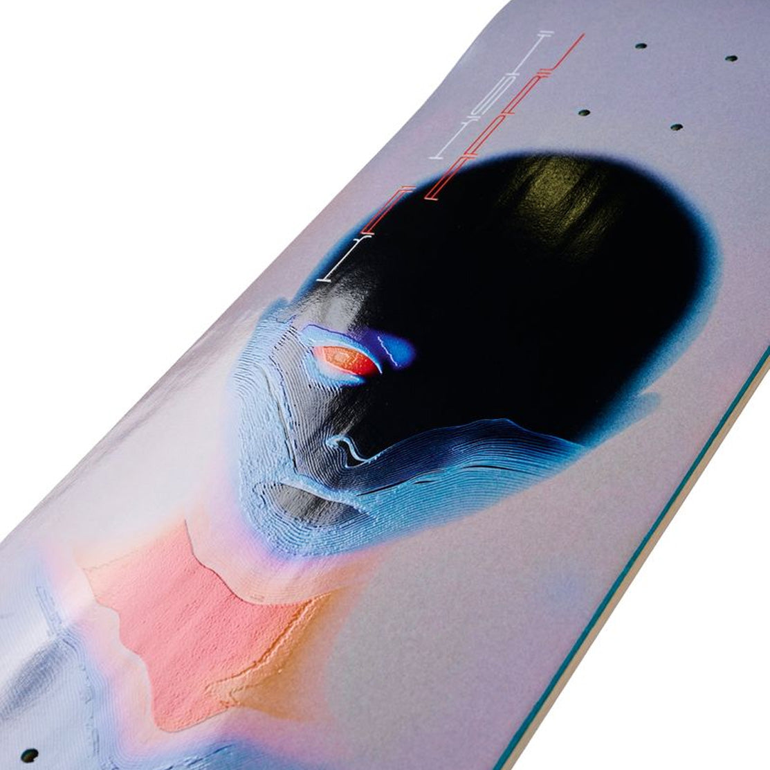 Close-up of April Kai Synth skateboard deck featuring a stylized alien face graphic in black, blue, pink, and red on a pale lavender background.