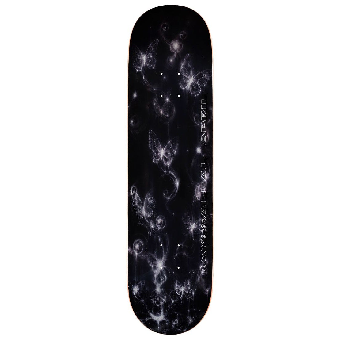 Rayssa Leal Night April skateboard deck featuring a black background with a white and gray cosmic butterfly and star pattern.