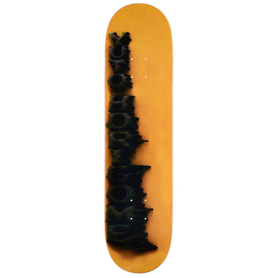 Yellow yuto Stamped April skateboard deck with a black textured vertical graphic running down the center of a red deck