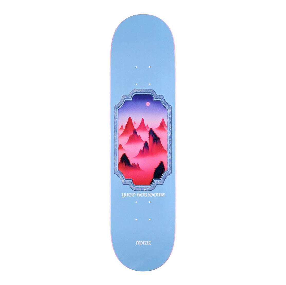 Light blue Yuto Misty April skateboard deck featuring a central graphic of stylized pink and red mountains under a purple sky.