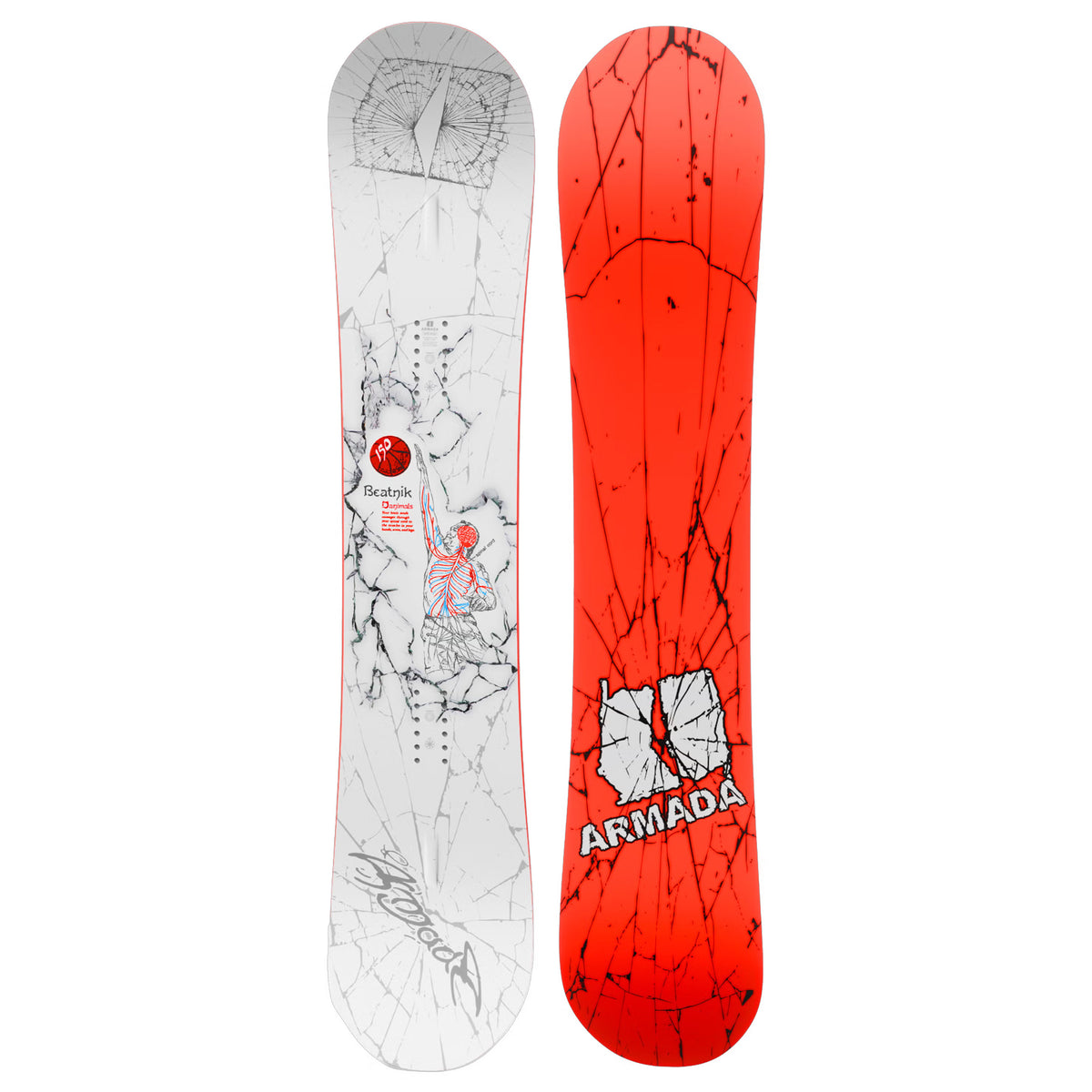 New Danimals pro model snowboard the Beatnik from Armada, featuring a human body anatomy drawing playing basketball surounded by broken glass, where the top is mainly white and the base is mainly red