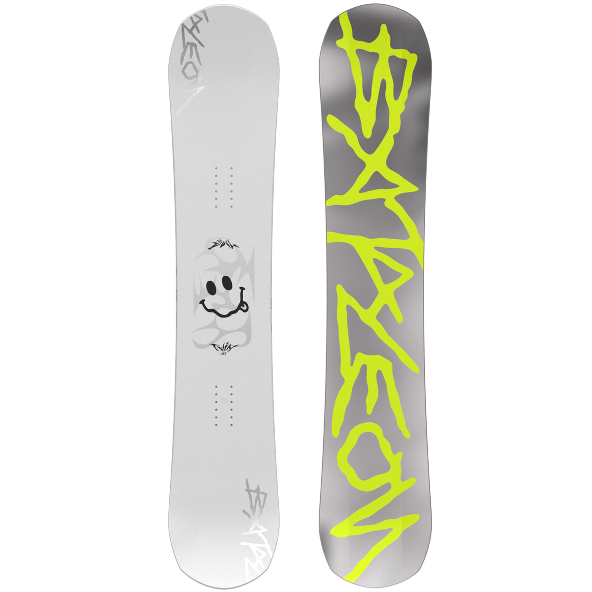2027 Bataleon Evil Twin snowboard with  white and silver top featuring a smiley face and tribal design and a grey base with large neon yellow Bataleon
