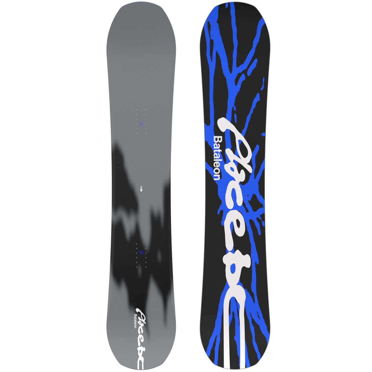 New Bataleon Placebo Snowboard without 3BT. Grey and black top with blue and black base, tiedye look.