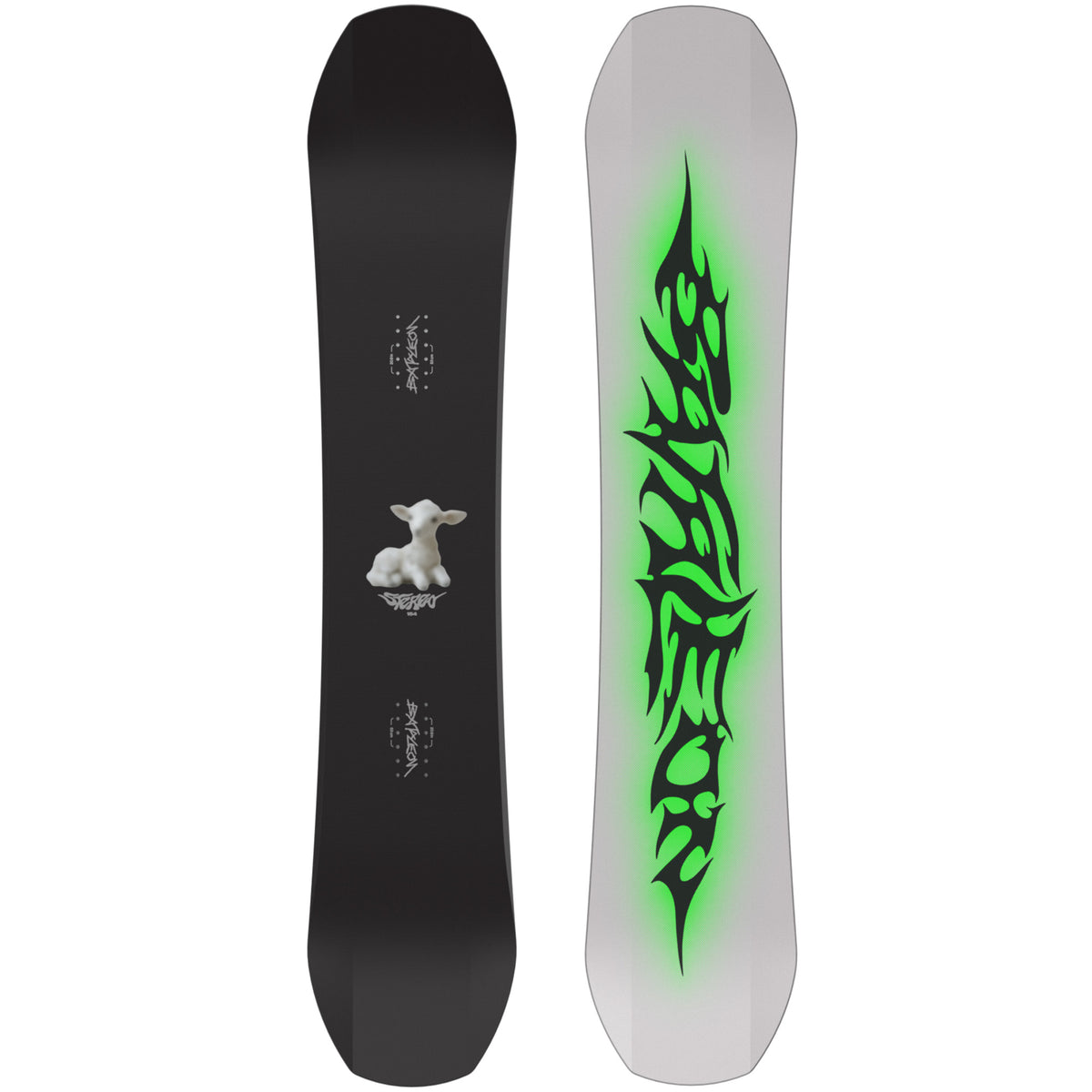 New Bataleon Stereo Snowboard that has a black top featuring a white lamb and base says batleon black and glowing green