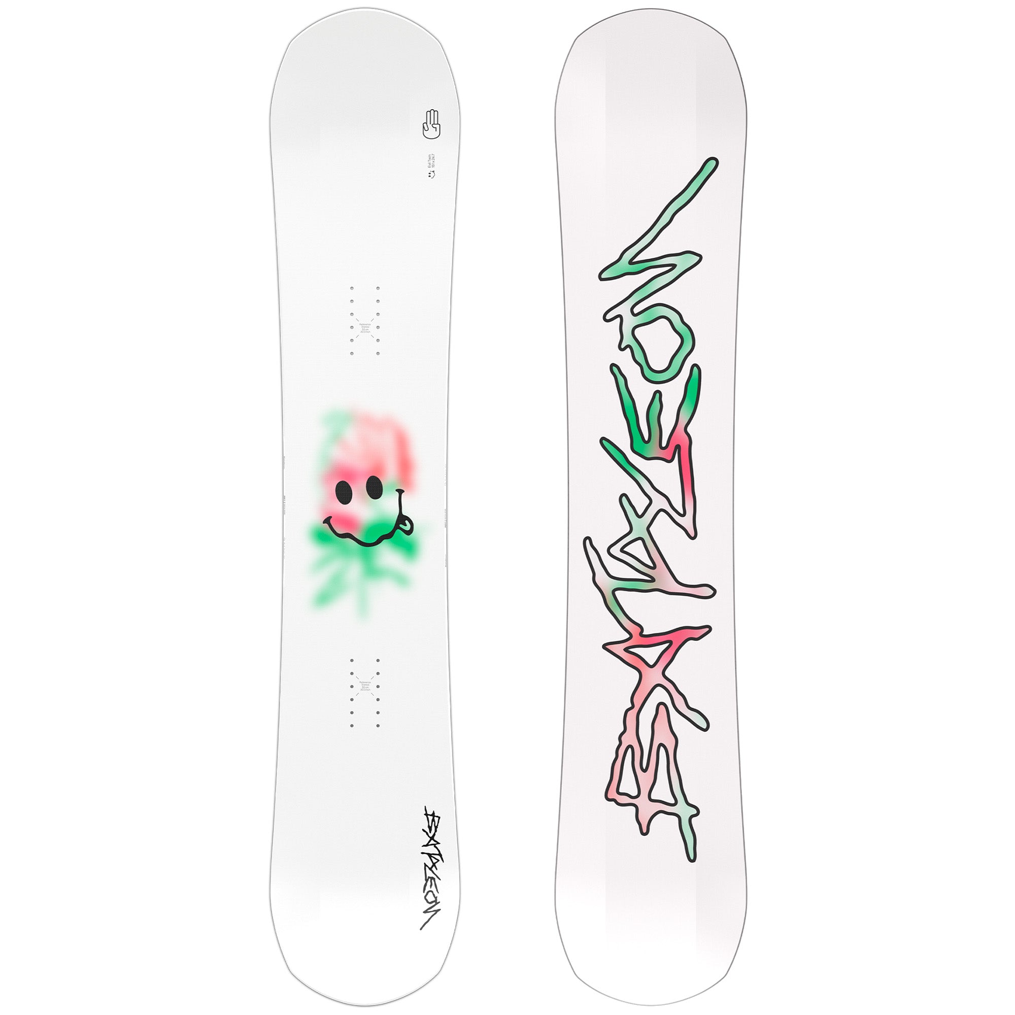 2026 Bataleon Evil Twin snowboard mostly white with a smily facce on top