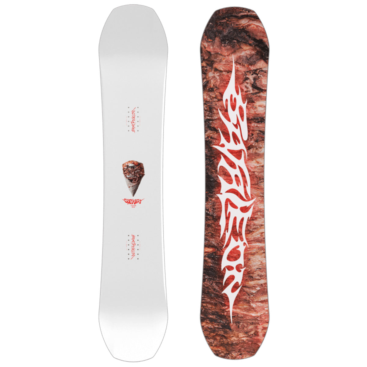 White and red Bataleon Stereo Team snowboard with a gyro on thetop sheet and gyro meat on the base
