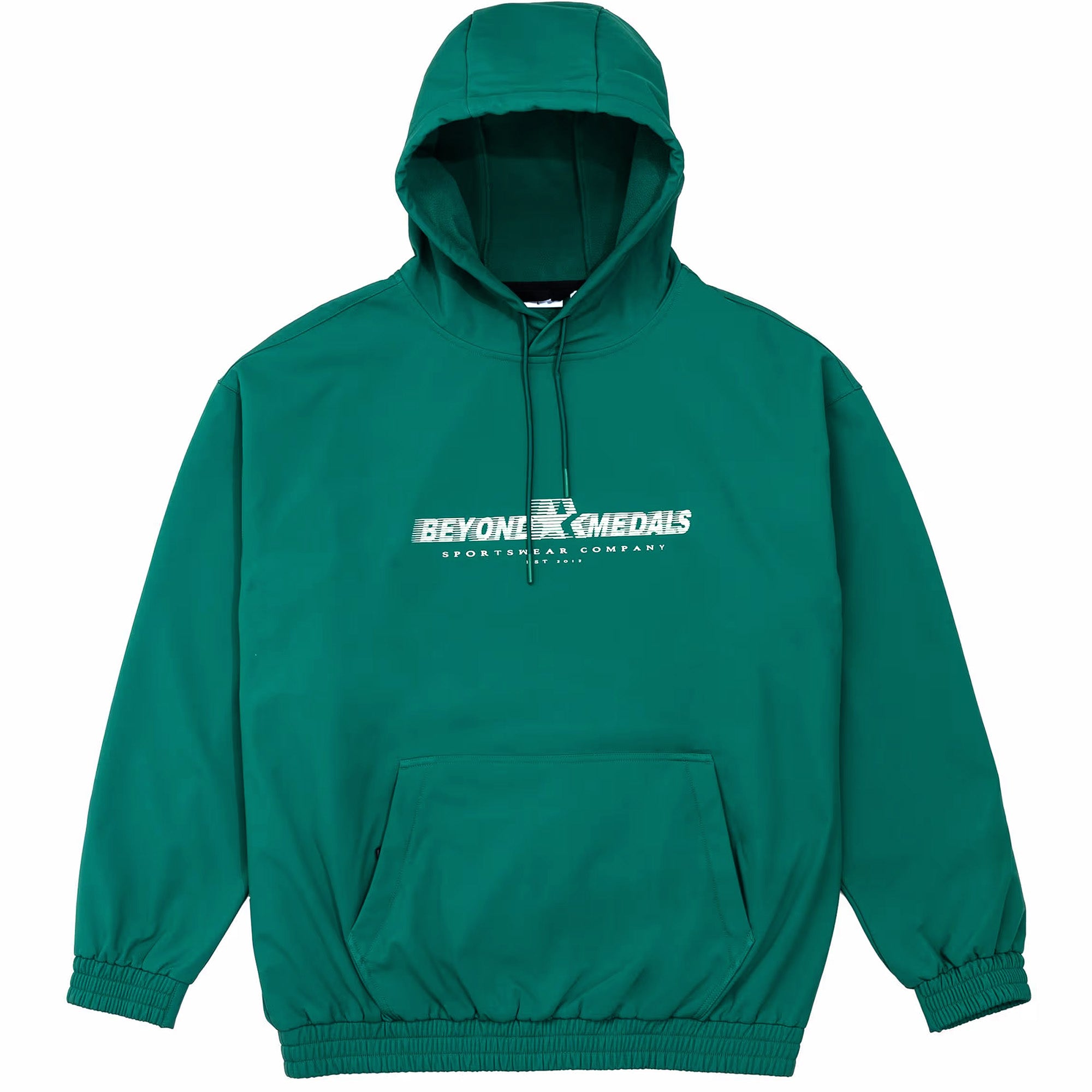 Green Beyond Medals snowboarding hoodie with white logo