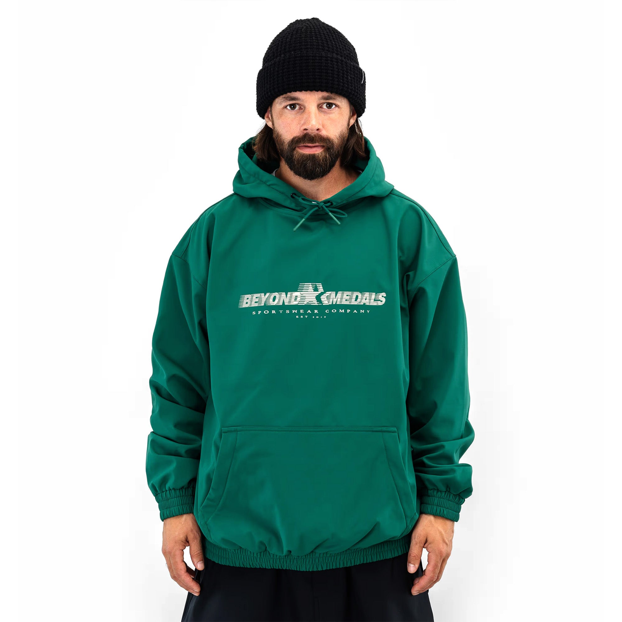 Green Beyond Medals snowboarding hoodie on person