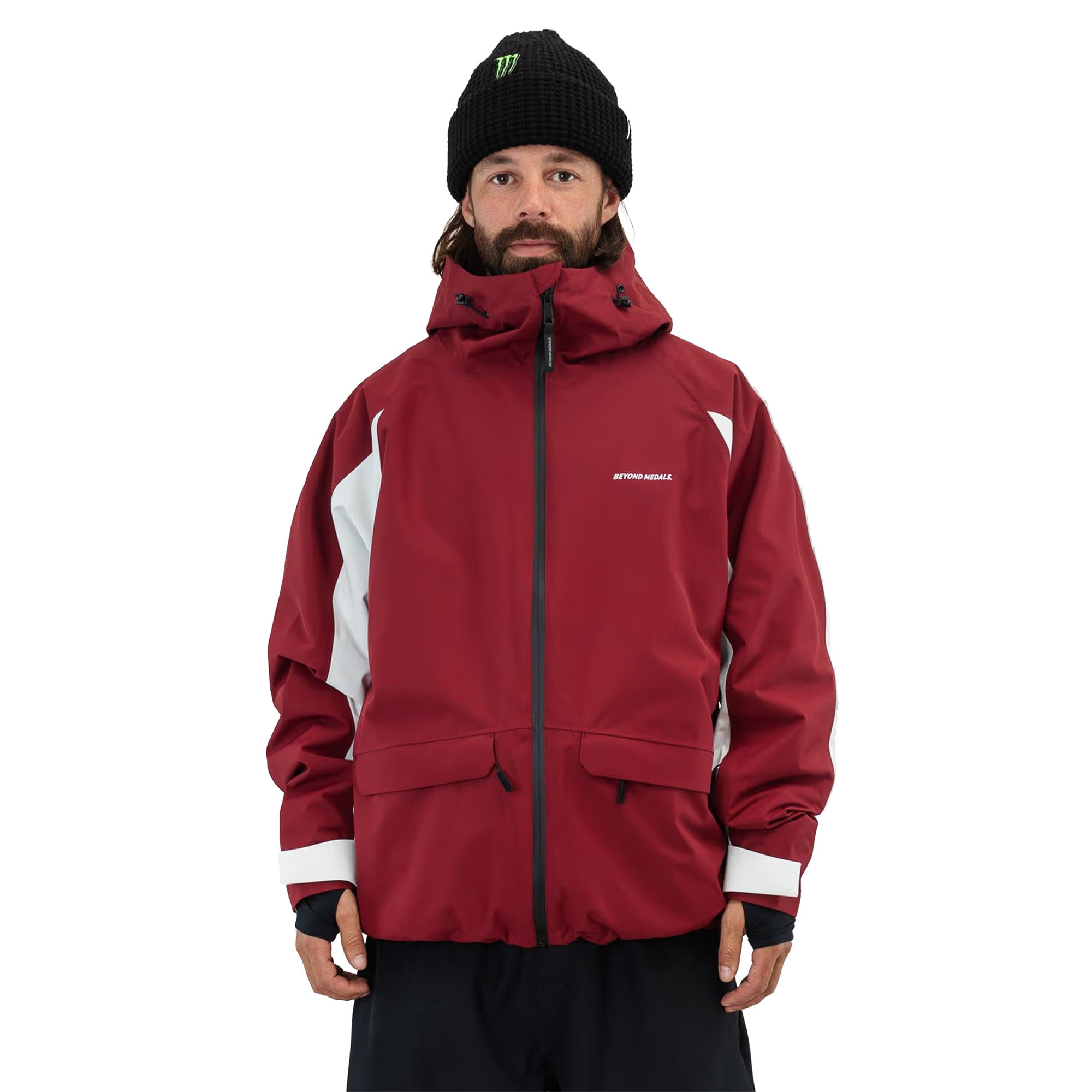 Red Nastolgia Beyond Medals snowboard jacket on person