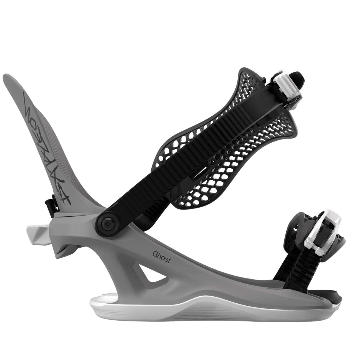 2027 grey Bataleon Ghost FASE fast entry snowboard binding shown from a side profile view in open position.