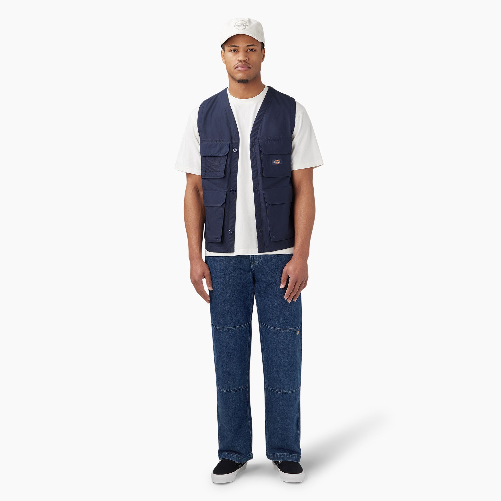 Stonewashed Indigo Blue Dickies DUR05 Loose Double Knee Jeans Model