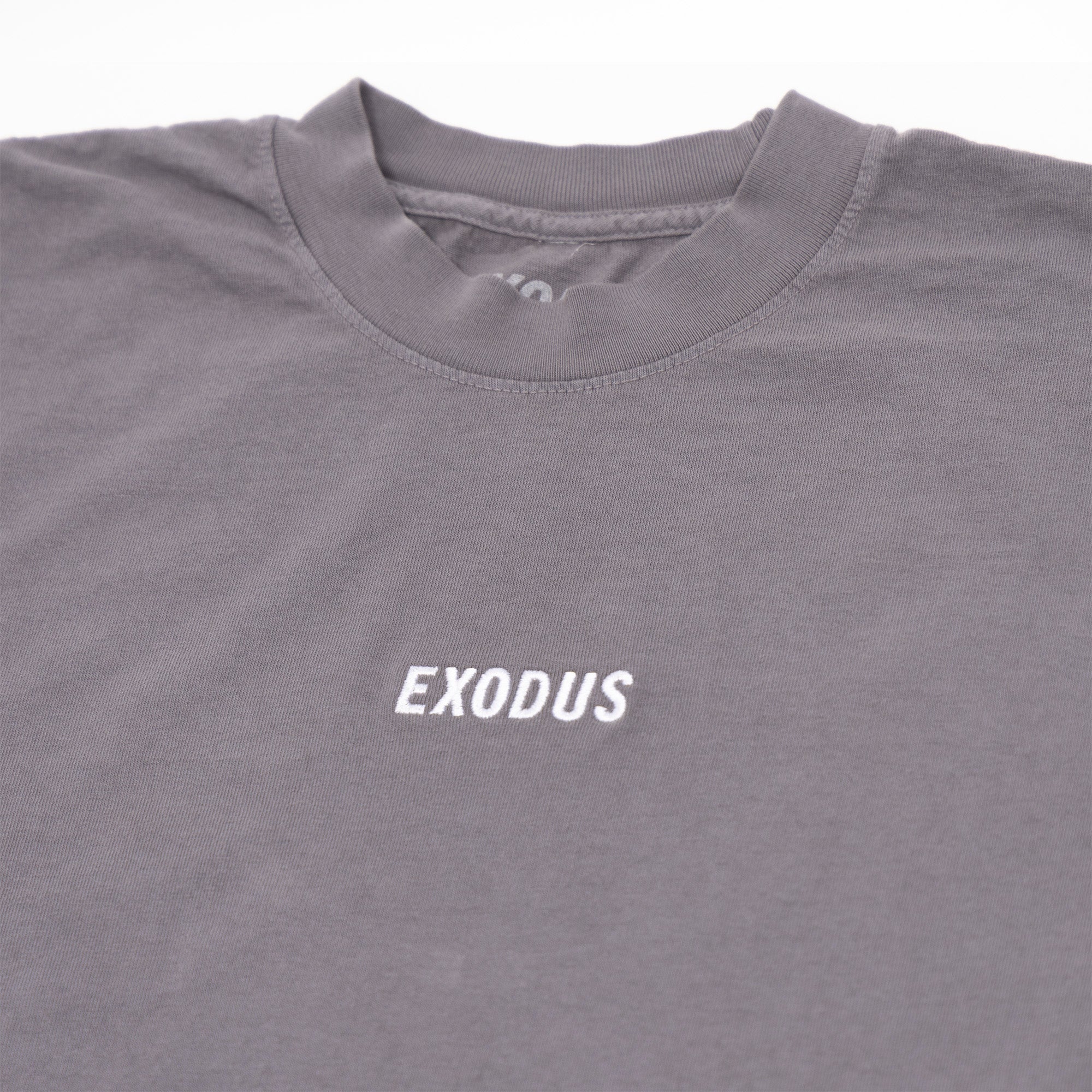 Grey Embroidered Exodus Tee Close Up