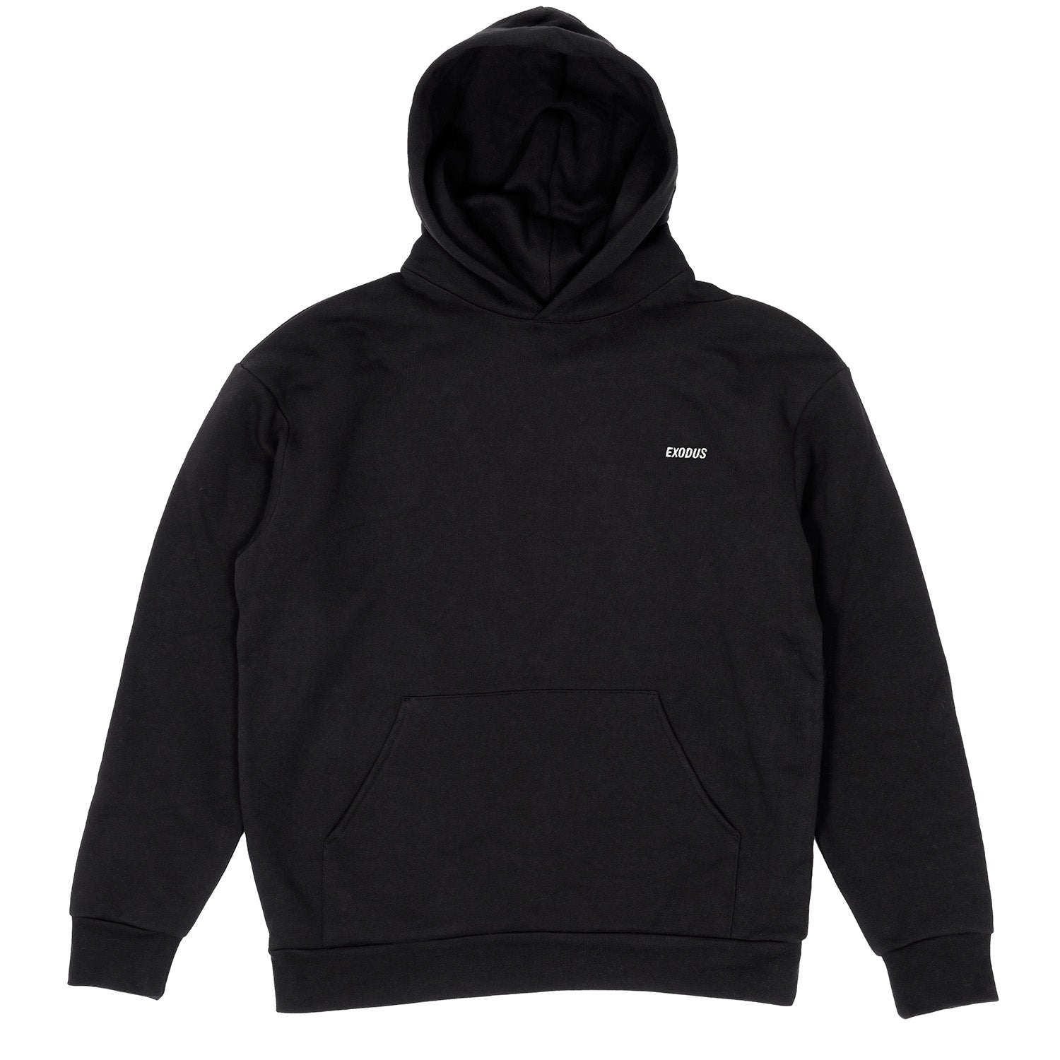 Black Exodus hoodie with a small logo on the chest against a white background