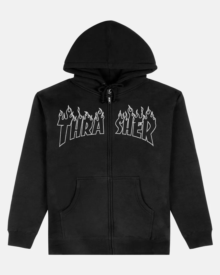 Thrasher Mag Flame Embroidered Zip up Hoodie - Black