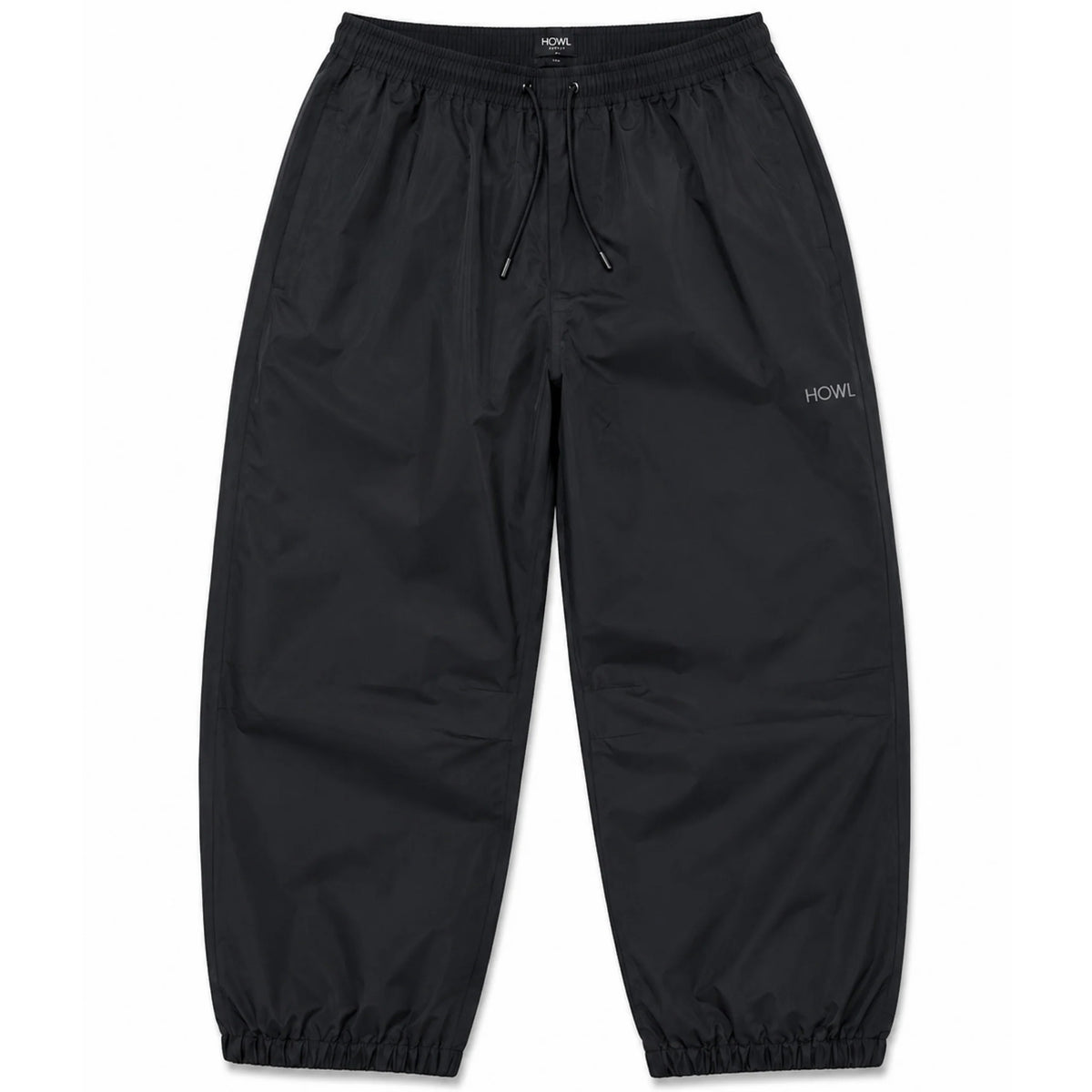 Black Howl Nowhere snowboard pant with elastic waist and ankle cuffs with small logo by left pocket and tie string at waist