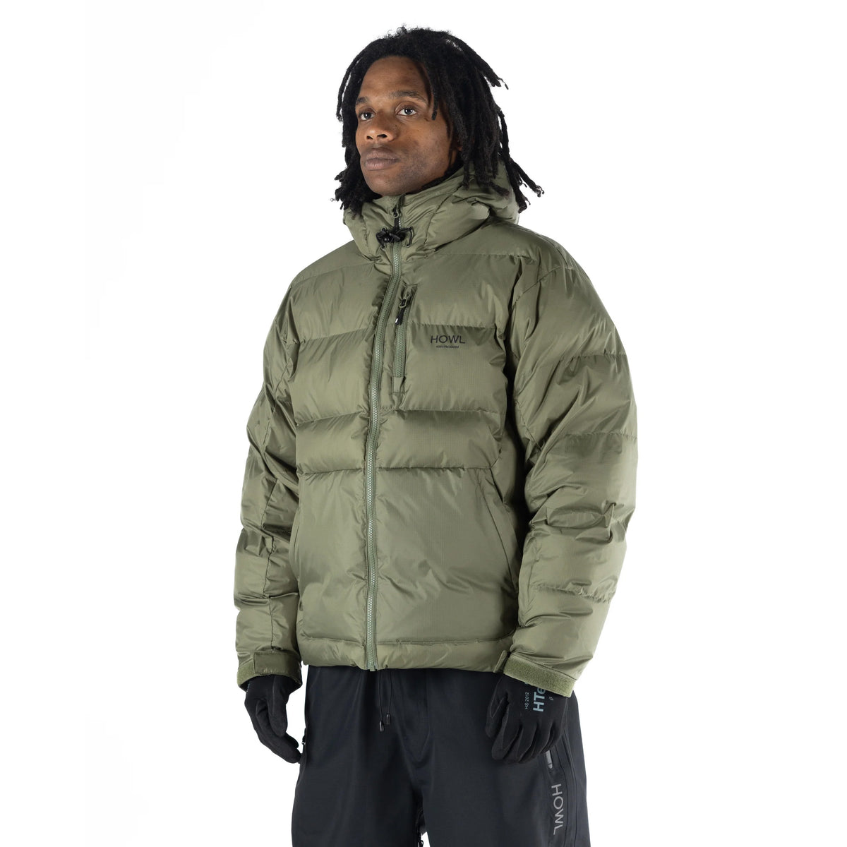 green howl puffy jacket on model front view