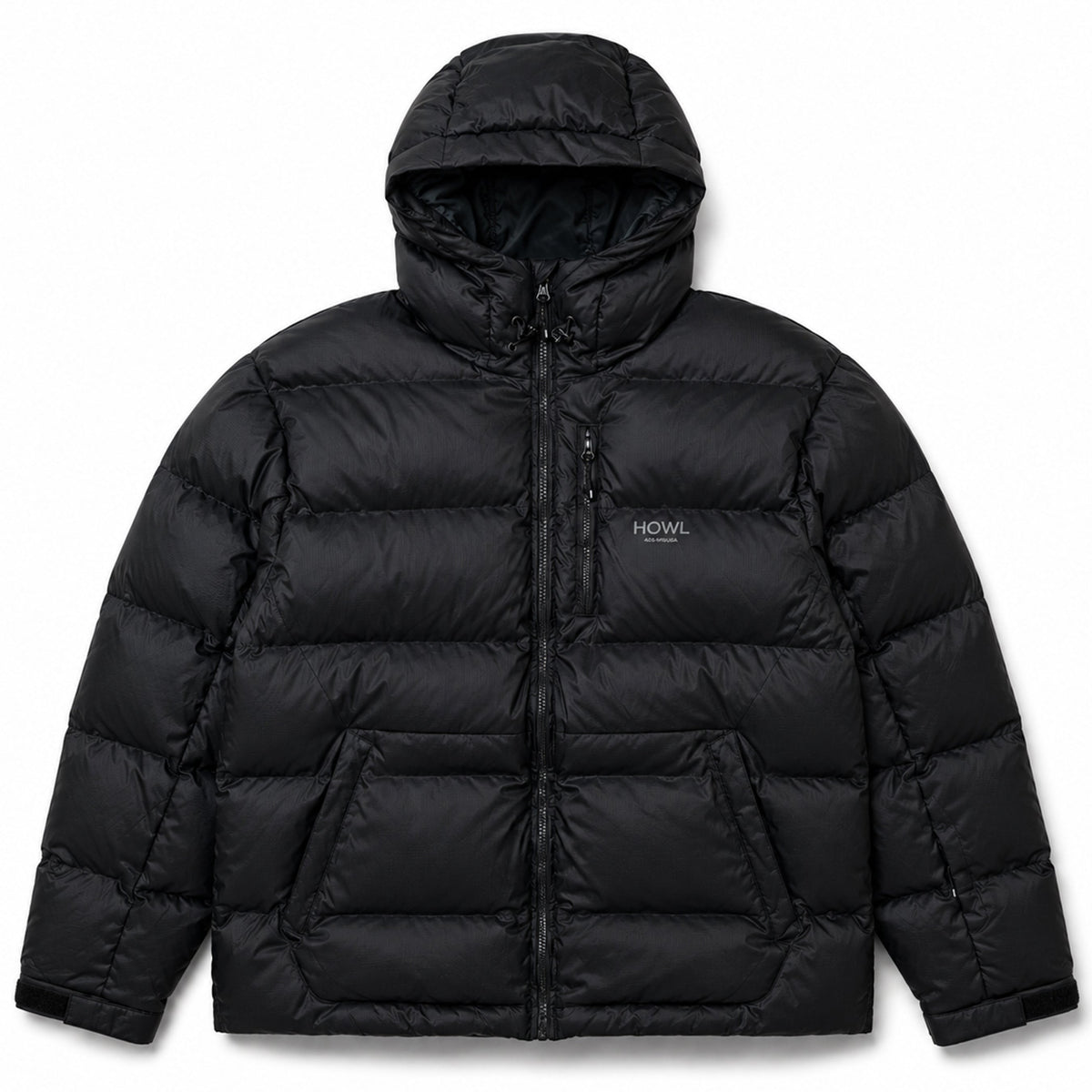 Black Howl puffy jacket featuring hood and multiple pockets and a smal logo on front