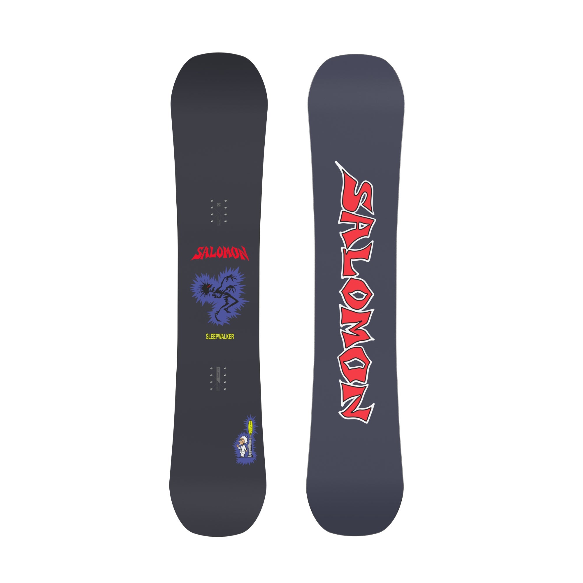 Kids Salomon Grom Sleepwalker Snowboard with electrocuted guy on black top and red Salomon on black bottom