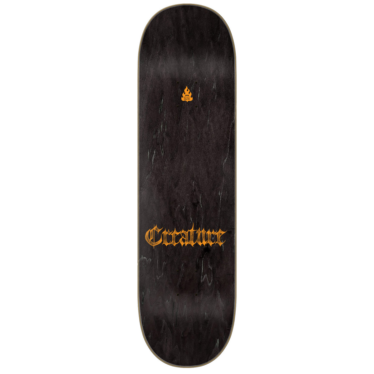 Milton Martinez Guero Pro  skateboard deck shown from the top , featuring a dark black wood-grain finish with a small orange flame logo near the center and the word 'Creature' in orange gothic lettering near the bottom.