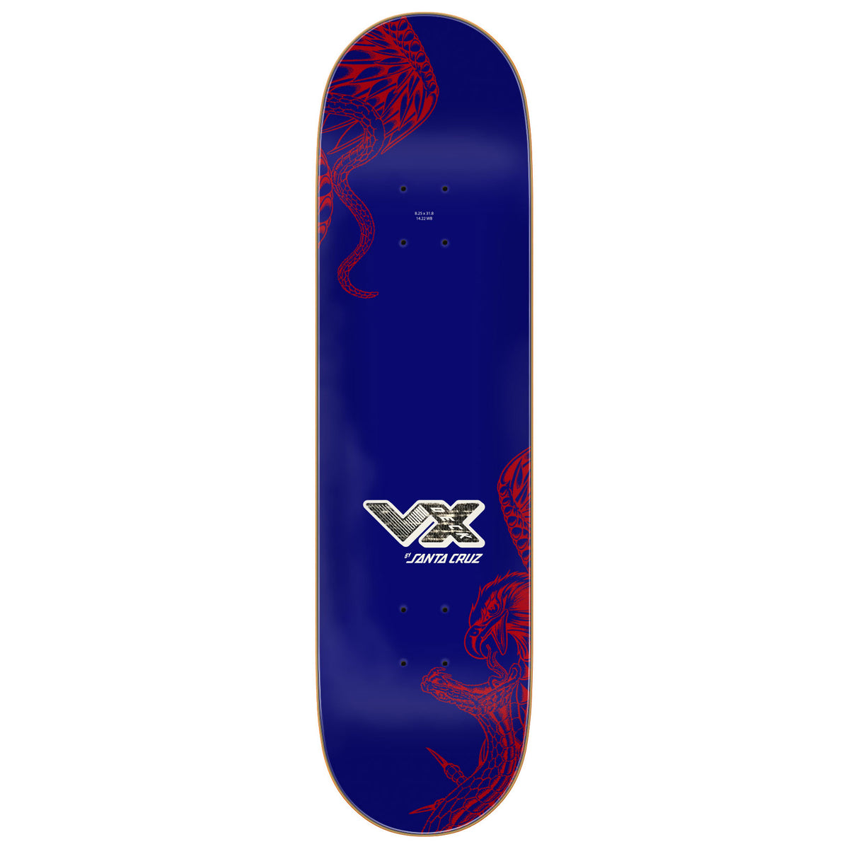 Santa Cruz maurio mccoy VX deck shown from the top, featuring a deep blue background with red octopus illustrations and a silver and white VX logo with 'santa Cruz' text in the center.