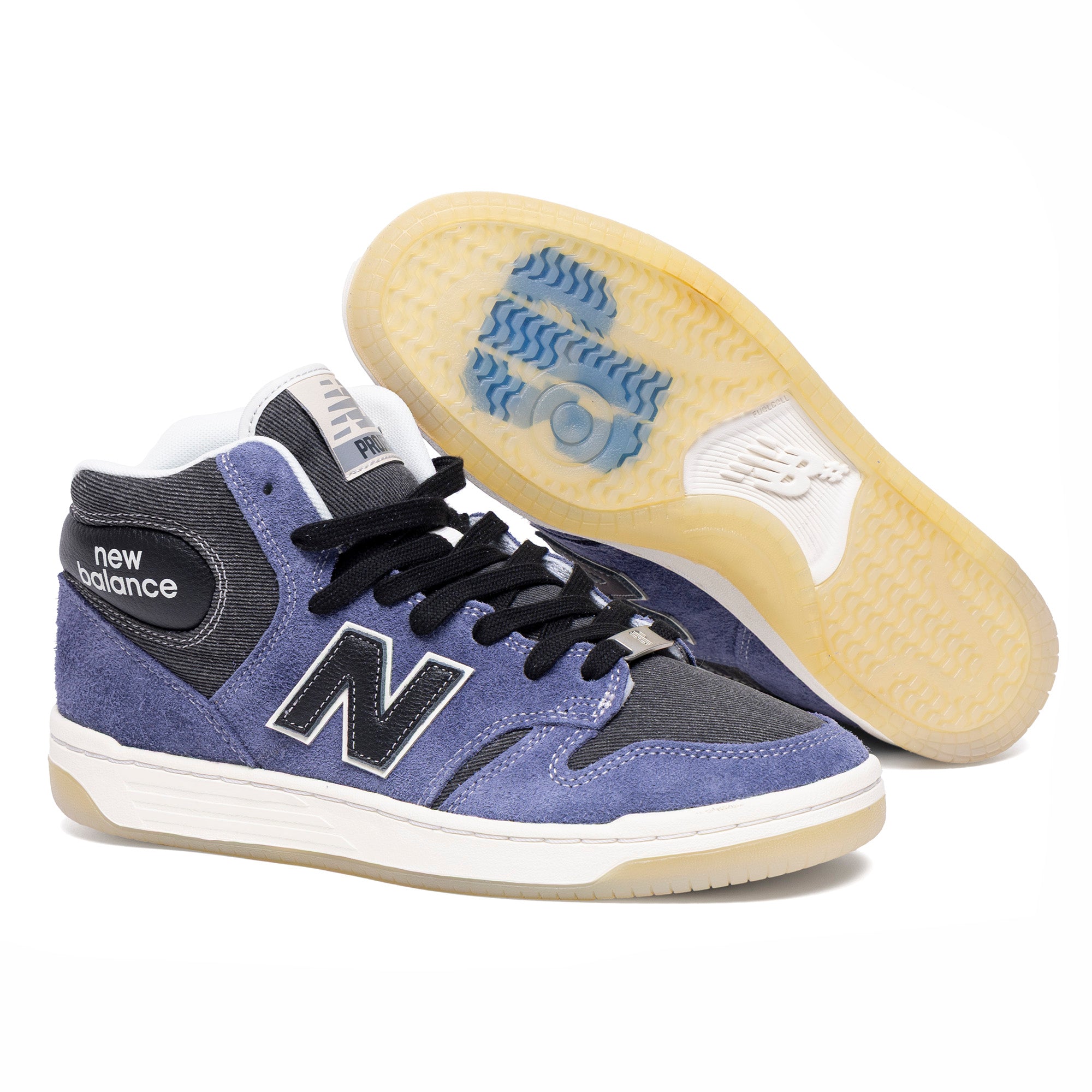 Pair of Brookland Projects X New Balance Numeric 480 High Blue Sued and Black Denim with translucent sole