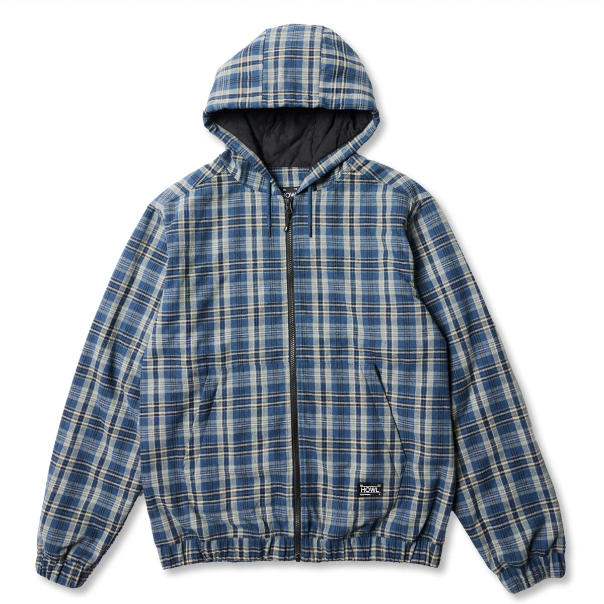 blue plaid howl flannel hoodie snowboard jacket with zipper and elastic cuffs