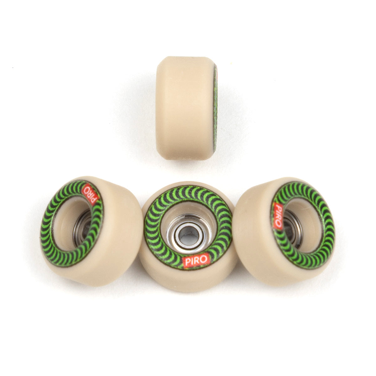 Tan Piro fingerboard wheels on the perfomance shape, with a green spiral graphic
