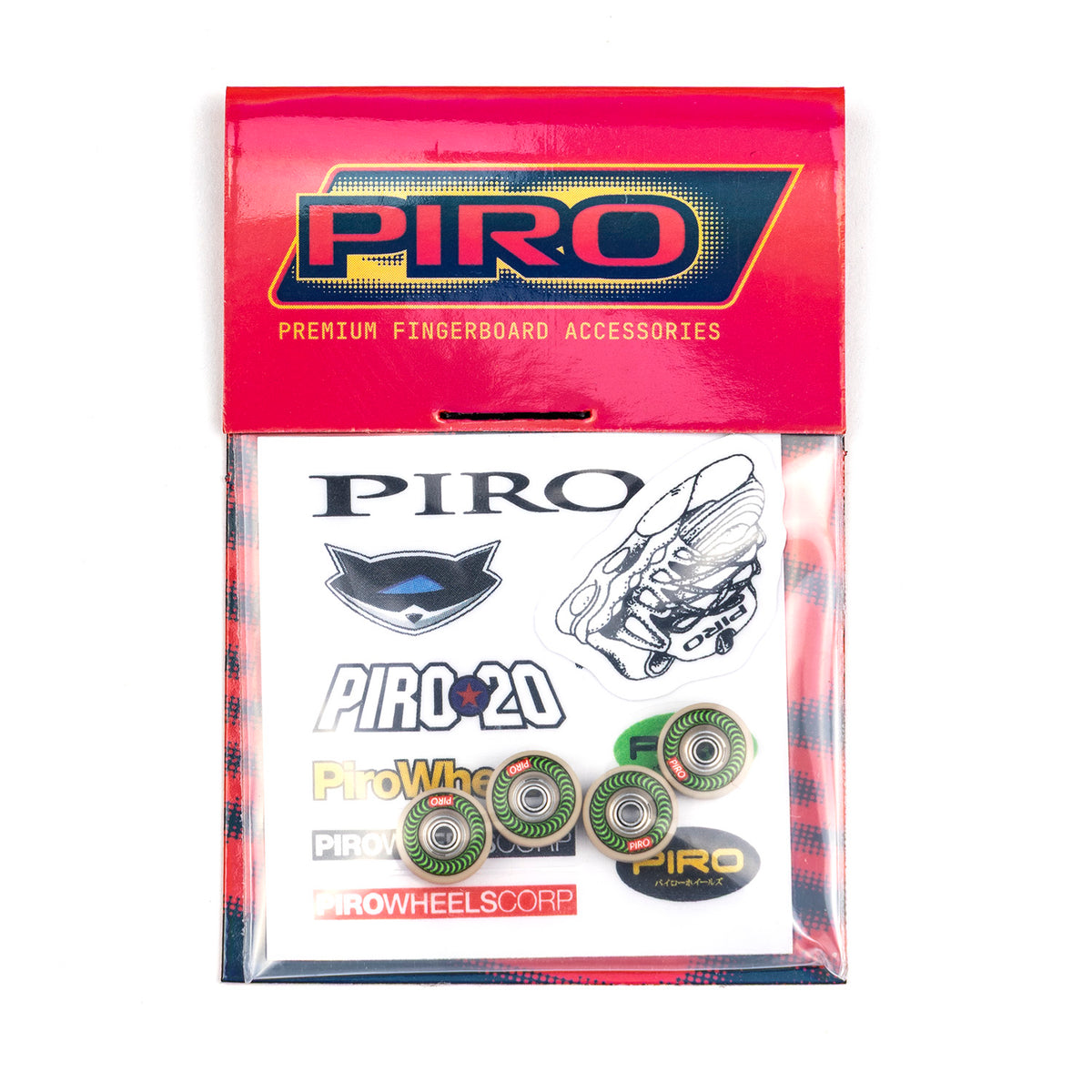 Green Spiral Piro fingerboard wheels with packaging and stickers included
