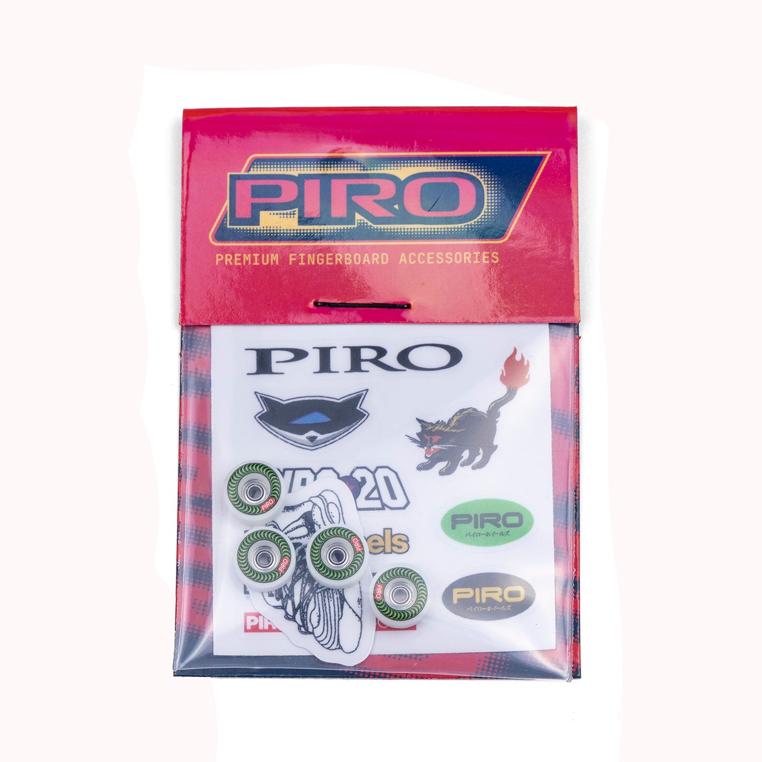 Piro brand fingerboard wheels in packaging, including stickers.